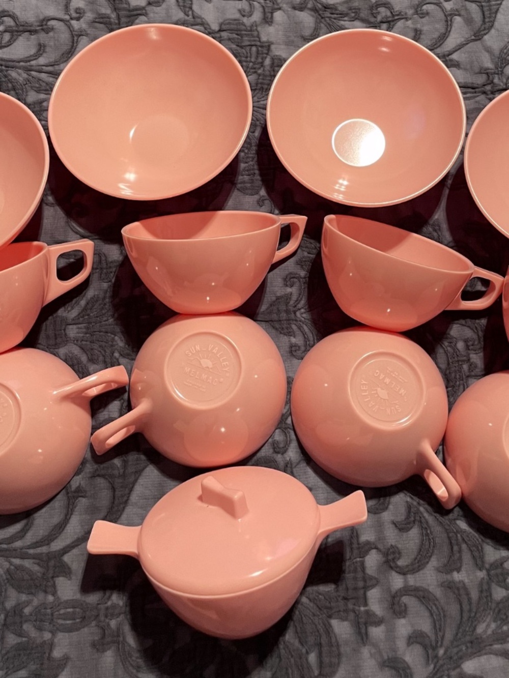 14PC MCM Vintage Sun Valley Melmac Cups Bowls Sugar Bubble Gum Pink USA 50s 60s